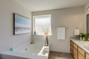 Bright rambler home bathroom interior with older style cabinets and blue accents in decor.