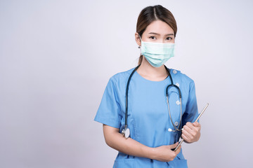 Health care concept, Asian doctors or nurses in protective masks, Isolated on white background.