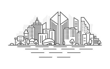 Obraz premium Chicago city, USA architecture line skyline illustration. Linear vector cityscape with famous landmarks, city sights, design icons. Landscape with editable strokes.