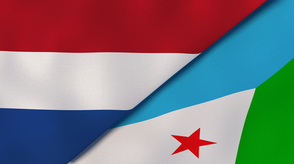 The flags of Netherlands and Djibouti. News, reportage, business background. 3d illustration