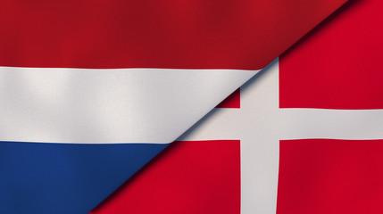 The flags of Netherlands and Denmark. News, reportage, business background. 3d illustration