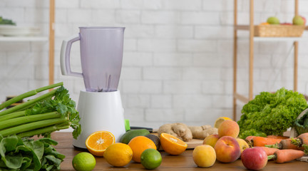 Blender and fresh ingredients on kitchen table, panorama