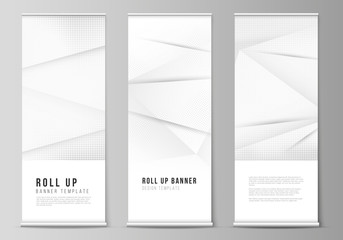 Vector layout of roll up mockup design templates for vertical flyers, flags design templates, banner stands, advertising design. Halftone dotted background with gray dots, abstract gradient background