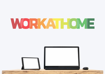 Work at home,
Workspace desk and laptop. copy space and blank screen. Business image, Blank screen laptop and supplies.