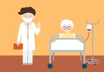 Cartoon illustration of hospital room. Female senior lying in bed and dropper, male doctor with protective mask holding thermometer in hand and measures patient temperature, vector