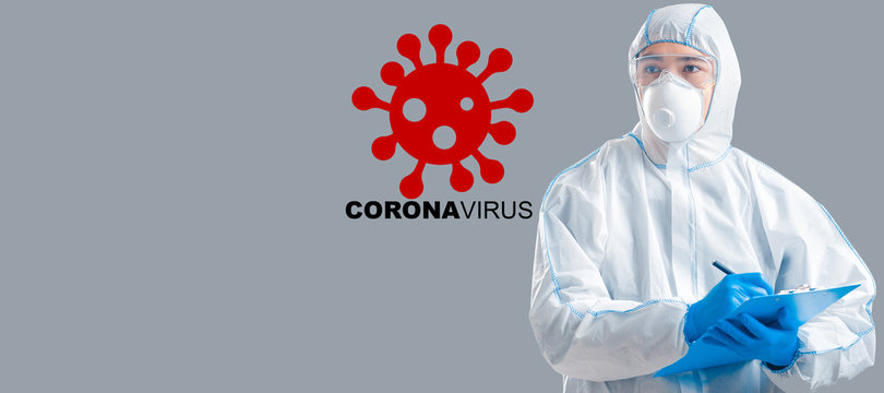 Asian Doctor Wearing Protective Suit On Grey Background, Collage With Bacteria And Word CORONAVIRUS. Panorama