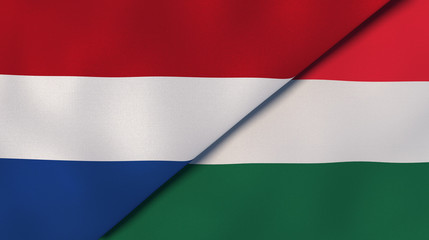 The flags of Netherlands and Hungary. News, reportage, business background. 3d illustration