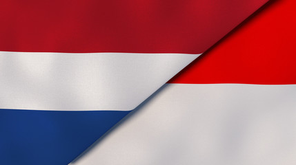 The flags of Netherlands and Indonesia. News, reportage, business background. 3d illustration
