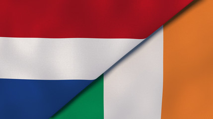 The flags of Netherlands and Ireland. News, reportage, business background. 3d illustration