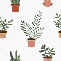 Seamless pattern with plants in flower pots. Indoor flowers vector illustration. Home decorative greens. Flora and botanical design of wallpaper, packaging, textile.