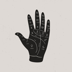 Palmistry, chiromancy, and esotericism. Ancient Signs of the planets in palm, line of fate, hill of Venus. Vector illustration of medieval spiritual symbols. Fortune telling and prediction of future.