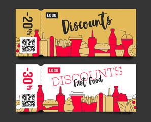 Discount voucher layout design for fast food restaurant or delivery service with trendy line icon illustrations of food and drinks forming city on the bottom of the card with torn off part