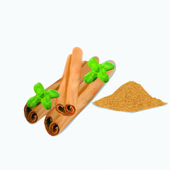 The cinnamon spice is realistic. Cinnamon sticks along with green leaves, and a row of cinnamon. Cinnamon is used in baking and also added to coffee and other drinks.
