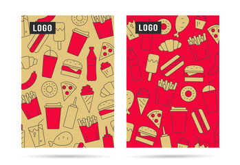 Poster layout or menu cover with place for your promo on pattern with fast food icon illustrations in two colors