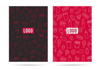 Poster layout, menu or paper bag cover with linear icons of fast food and drinks illustrations background in two colors