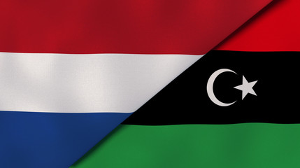 The flags of Netherlands and Libya. News, reportage, business background. 3d illustration