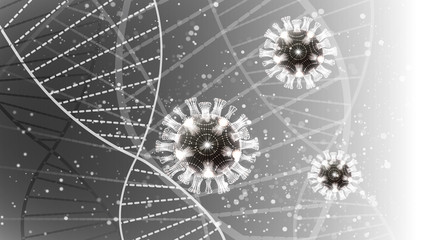 Vector illustration of coronovirus particles on the background of a human DNA molecule.Epidemic, pandemic, medicine, virus vaccine. EPS 10.