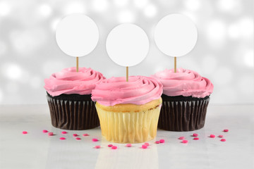 Three Pink Frosted Cupcakes - Cupcake Topper Mockup