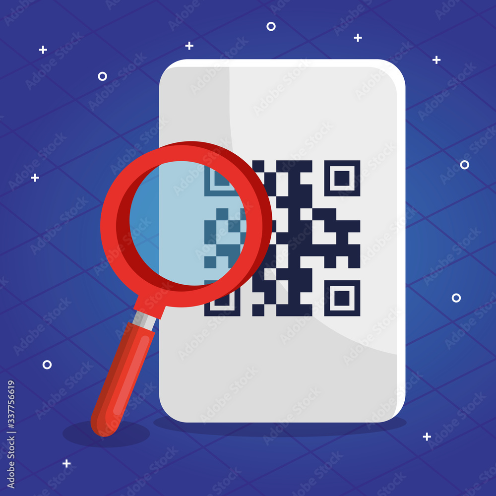 Poster qr code over receipt and lupe design of technology scan information business price communication bar