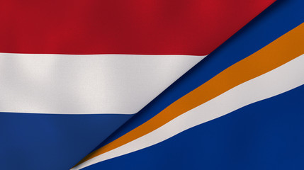 The flags of Netherlands and Marshall Islands. News, reportage, business background. 3d illustration