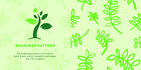 Organic food logo. Healthy eating product icons. Vintage vegan badges with hand-drawn leaves. Trendy vector emblems for bio-agriculture, vegetarian logo, natural cosmetics, eco-friendly label design. 