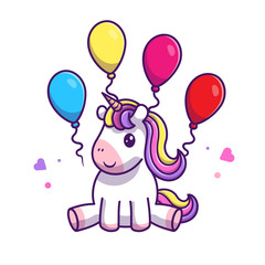 Obraz na płótnie Canvas Cute Unicorn With Balloon Vector Icon Illustration. Unicorn Mascot Cartoon Character. Animal Icon Concept White Isolated. Flat Cartoon Style Suitable for Web Landing Page, Banner, Flyer, Sticker, Card