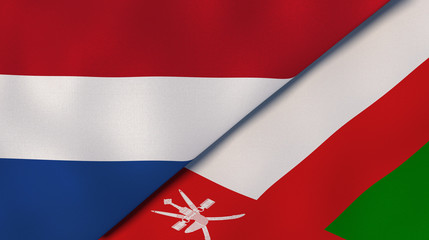 The flags of Netherlands and Oman. News, reportage, business background. 3d illustration
