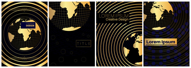 Set of banner templates. Universe concept. Planet earth in space. Space trip. Retro golden design. Vector illustration.