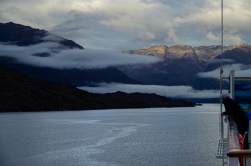 Panoramic view of Tempanos Glacier and ice field in the region of Los Glaciares in the Chilean...