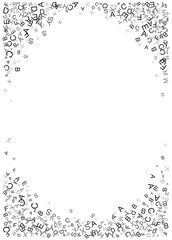 Corners with casual letters fly on white background. Abstract backdrop with alphabet. Random black letters pattern. Circle with mix of chance Latin ABC. Vector illustration, texture for banner design.