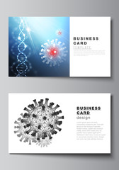 Vector layout of two creative business cards design templates, horizontal template vector design. 3d medical background of corona virus. Covid 19, coronavirus infection. Virus concept.