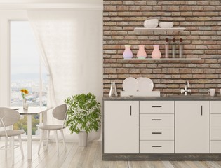 Home cozy interior with kitchen table and panoramic window. Scandinavian-style dining room. Brick wall and wooden shelves. 3D rendering.