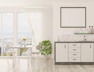 Interior of the kitchen with an empty frame on the wall. White light kitchen with panoramic window. Frame for paintings, advertising, and lettering. 3D rendering.