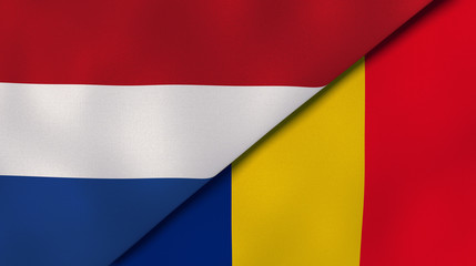 The flags of Netherlands and Romania. News, reportage, business background. 3d illustration