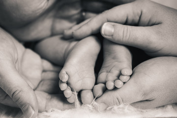 Babyfüße mit Händen der Eltern