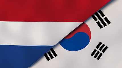 The flags of Netherlands and South Korea. News, reportage, business background. 3d illustration