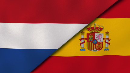 The flags of Netherlands and Spain. News, reportage, business background. 3d illustration
