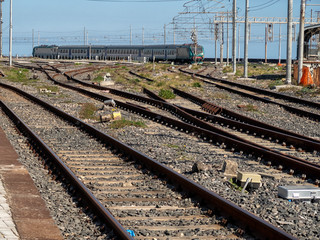 Fototapeta na wymiar View of the railroad tracks. Railway transport.
