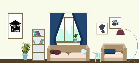 Stay at home. The living room with furniture.There are many things such as books,cabinet, windows,lamps,small trees,sofa, the wall room.The consists of pictures.Flat style vector illustration.