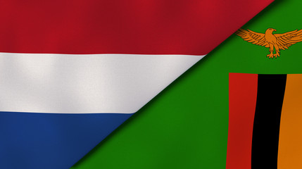 The flags of Netherlands and Zambia. News, reportage, business background. 3d illustration