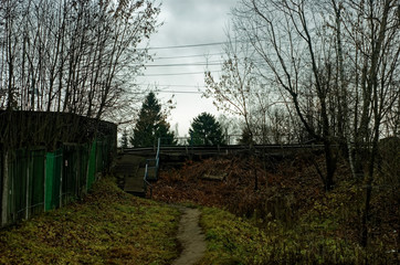 Fototapeta na wymiar abandoned garden behind a fence in autumn, Russia