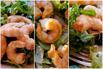Green shrimp salad. Seafood background.