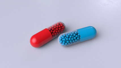 3D illustration. Two medicinal capsules with small spheres inside isolated on a white background. Medicines per blister pack.