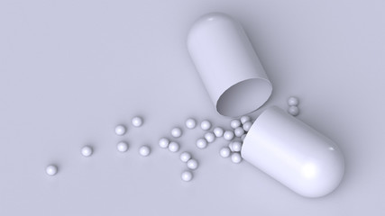 3D illustration. White tablet capsule with white balls isolated on a white background. Medicines per blister pack.