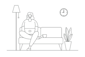 A woman working at home on some project, She is sitting on sofa at home in living room and using computer notebook for remote working.