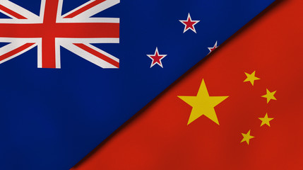 The flags of New Zealand and China. News, reportage, business background. 3d illustration