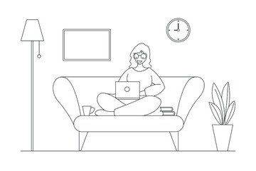 A woman working at home on some project, She is sitting on sofa at home in living room and using computer notebook for remote working.