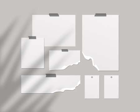 Mood board mockup. Empty sheets of white paper on the wall. Mood board with shadow overlay. Mockup vector isolated. Template design. Realistic vector illustration.