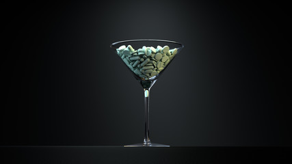 3D illustration. The wine glass with a handful of green tablets isolated on a black background. 
