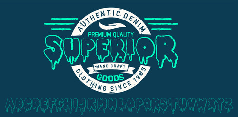 Denim Clothing print for t-shirt or apparel. Retro artwork for fashion and printing. Old school vector graphic with denim theme and typography. Vintage effects are easily removable.Vintage Font 